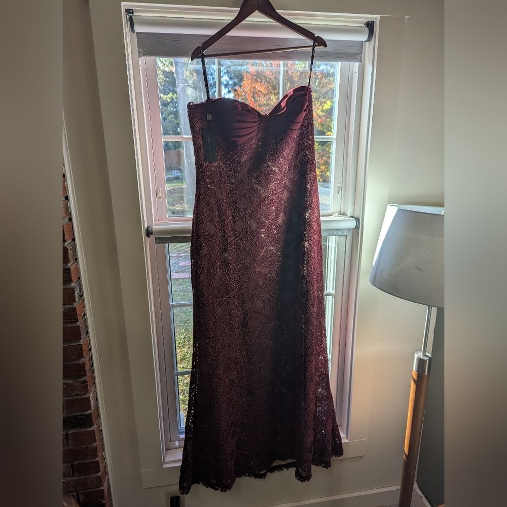 NWT Tadashi Shoji Women's Kohli Strapless Lattice Embroidered Gown